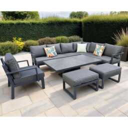 Berlin Outdoor Garden Aluminium 9 Seater Corner Sofa Rising Table Set with Armchair and Stool, With Rain Cover - thumbnail 3