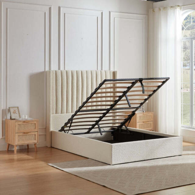 Russell Pneumatic Ottoman Storage Bed Double / King Bed Lift Up Storage Bed Frame, Double / White Teddy Fleece - image 1