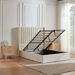 Russell Pneumatic Ottoman Storage Bed Double / King Bed Lift Up Storage Bed Frame, Double / White Teddy Fleece