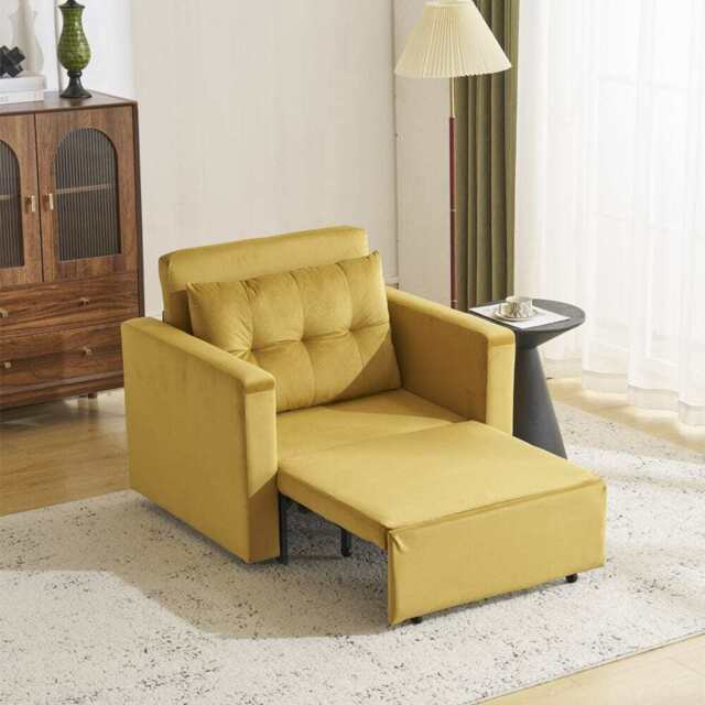 Avery 1 Seater Fold Out Upholstered Sofa Bed, Mustard Velvet - image 1