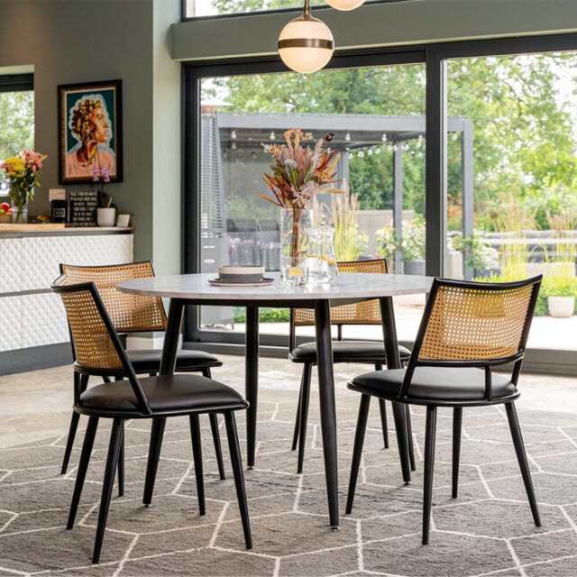 Boho Marbled Effect Dining Table Set With 4 PE Rattan Chairs, Round