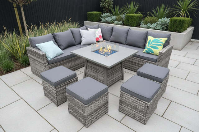 Rosen 11 Seater Rattan Garden Furniture Corner Dining Sofa Set With Fire Pit Table In Grey, With Rain Cover