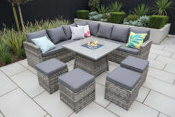 Rosen 11 Seater Rattan Garden Furniture Corner Dining Sofa Set With Fire Pit Table In Grey, With Rain Cover - thumbnail 1