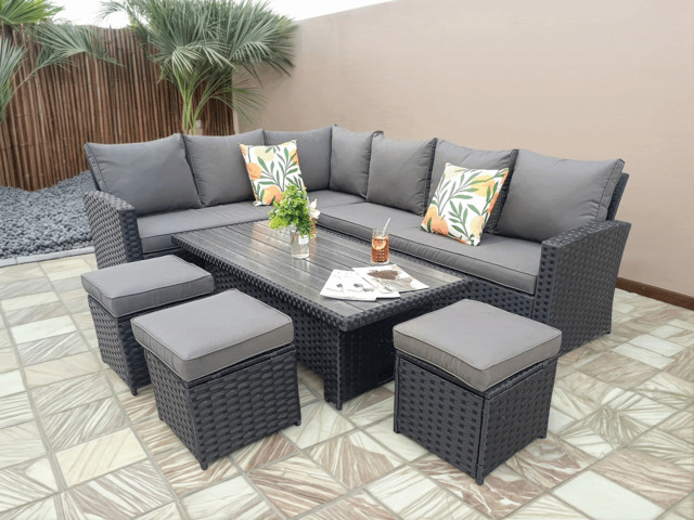 Rosen 9 Seater Rattan Garden Dining Set With Lift-Up Table And 3 Stools, Black / With Rain Cover - image 1