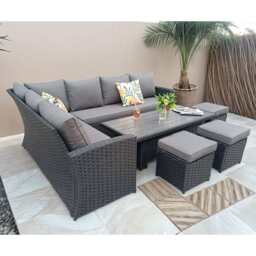 Rosen 9 Seater Rattan Garden Dining Set With Lift-Up Table And 3 Stools, Black / With Rain Cover - thumbnail 9