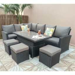 Rosen 9 Seater Rattan Garden Dining Set With Lift-Up Table And 3 Stools, Black / With Rain Cover - thumbnail 7