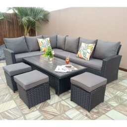 Rosen 9 Seater Rattan Garden Dining Set With Lift-Up Table And 3 Stools, Black / With Rain Cover - thumbnail 8