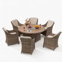6 Seater Nature Rattan Dining Set with Round Firepit Table