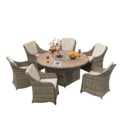 6 Seater Nature Rattan Dining Set with Round Firepit Table - thumbnail 7