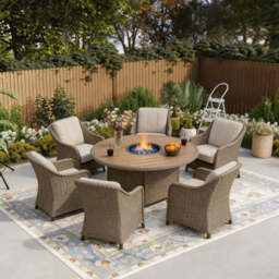 6 Seater Nature Rattan Dining Set with Round Firepit Table - thumbnail 2