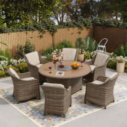 6 Seater Nature Rattan Dining Set with Round Firepit Table - thumbnail 3