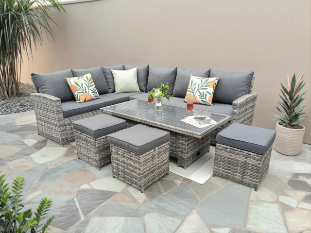 Rosen 9 Seater Rattan Garden Dining Set With Lift-Up Table And 3 Stools, Grey / With Rain Cover - image 1