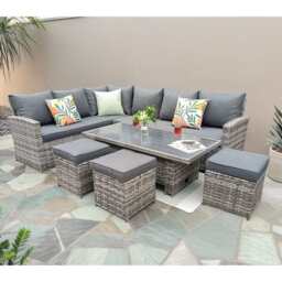 Rosen 9 Seater Rattan Garden Dining Set With Lift-Up Table And 3 Stools, Grey / With Rain Cover - thumbnail 4