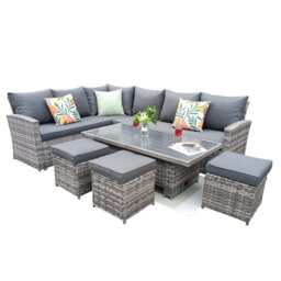Rosen 9 Seater Rattan Garden Dining Set With Lift-Up Table And 3 Stools, Grey / With Rain Cover - thumbnail 9