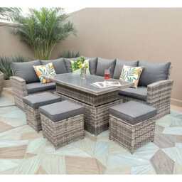 Rosen 9 Seater Rattan Garden Dining Set With Lift-Up Table And 3 Stools, Grey / With Rain Cover - thumbnail 2