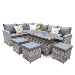 Rosen 9 Seater Rattan Garden Dining Set With Lift-Up Table And 3 Stools, Grey / With Rain Cover - thumbnail 6