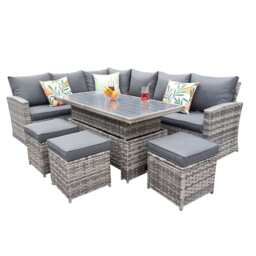 Rosen 9 Seater Rattan Garden Dining Set With Lift-Up Table And 3 Stools, Grey / With Rain Cover - thumbnail 5