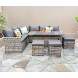 Rosen 9 Seater Rattan Garden Dining Set With Lift-Up Table And 3 Stools, Grey / With Rain Cover - thumbnail 3