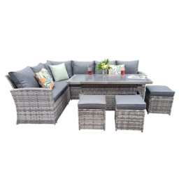 Rosen 9 Seater Rattan Garden Dining Set With Lift-Up Table And 3 Stools, Grey / With Rain Cover - thumbnail 8