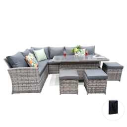 Rosen 9 Seater Rattan Garden Dining Set With Lift-Up Table And 3 Stools, Grey / With Rain Cover - thumbnail 7
