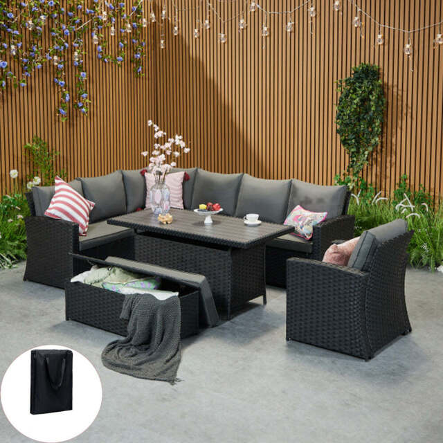Rosen 9 Seater Rattan Corner Sofa Set With Aluminium Dining Table And Armchair And Storage Bench, Black / With Rain Cover - image 1