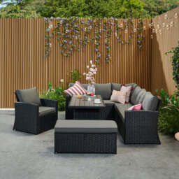 Rosen 9 Seater Rattan Corner Sofa Set With Aluminium Dining Table And Armchair And Storage Bench, Black / With Rain Cover - thumbnail 9
