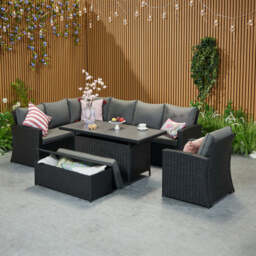 Rosen 9 Seater Rattan Corner Sofa Set With Aluminium Dining Table And Armchair And Storage Bench, Black / With Rain Cover - thumbnail 4