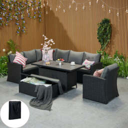 Rosen 9 Seater Rattan Corner Sofa Set With Aluminium Dining Table And Armchair And Storage Bench, Black / With Rain Cover - thumbnail 1