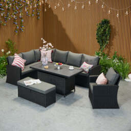 Rosen 9 Seater Rattan Corner Sofa Set With Aluminium Dining Table And Armchair And Storage Bench, Black / With Rain Cover - thumbnail 6