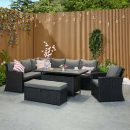 Rosen 9 Seater Rattan Corner Sofa Set With Aluminium Dining Table And Armchair And Storage Bench, Black / With Rain Cover - thumbnail 7