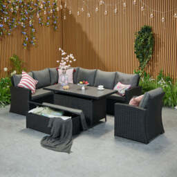 Rosen 9 Seater Rattan Corner Sofa Set With Aluminium Dining Table And Armchair And Storage Bench, Black / With Rain Cover - thumbnail 2