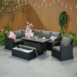 Rosen 9 Seater Rattan Corner Sofa Set With Aluminium Dining Table And Armchair And Storage Bench, Black / With Rain Cover - thumbnail 3