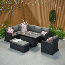 Rosen 9 Seater Rattan Corner Sofa Set With Aluminium Dining Table And Armchair And Storage Bench, Black / With Rain Cover - thumbnail 5