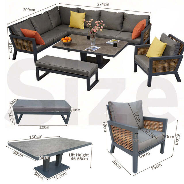 Berlin 9 Seater Aluminium Outdoor Garden Sofa Set with Lifting Table and Bench