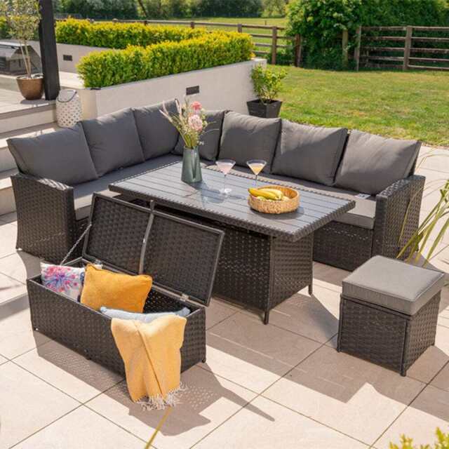 Rosen 9 Seater Rattan Garden Dining Set With Storage Bench And Stool, Black / Without Rain Cover - image 1