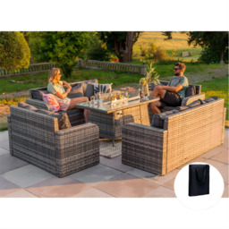 Lotus Outdoor 10 Seater Rattan Garden Sofa with Fire Pit Table Set, With Rain Cover - thumbnail 1