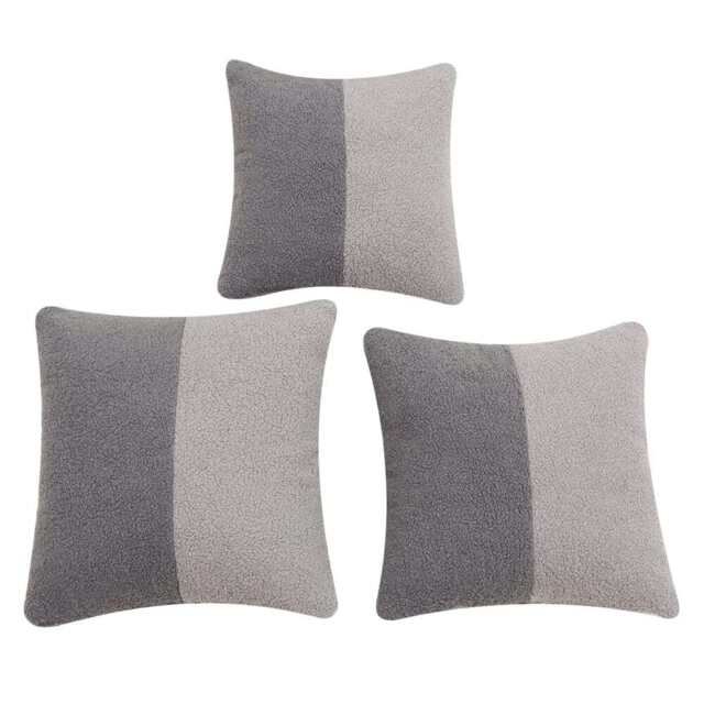 Birchcraft Teddy Fleece 3 Piece Indoor Soft Throw Pillow Set Scatter Cushions, Grey And Light Grey