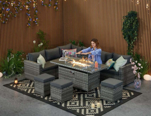 Barcelona Rattan Garden Furniture 9 Seater Corner Sofa Set with Fire pit Dining Table in Black Or Grey, Grey / With Rain Cover - image 1