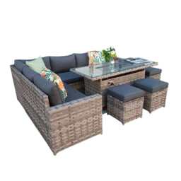 Barcelona Rattan Garden Furniture 9 Seater Corner Sofa Set with Fire pit Dining Table in Black Or Grey, Grey / With Rain Cover - thumbnail 2
