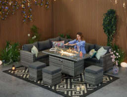 Barcelona Rattan Garden Furniture 9 Seater Corner Sofa Set with Fire pit Dining Table in Black Or Grey, Grey / With Rain Cover - thumbnail 1