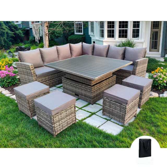 Rosen 11 Seater Rattan Garden Furniture Corner Sofa Cube Set With Aluminum Lift-up Table, Grey / With Rain Cover - image 1