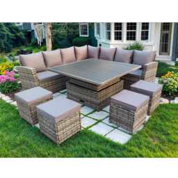 Rosen 11 Seater Rattan Garden Furniture Corner Sofa Cube Set With Aluminum Lift-up Table, Grey / With Rain Cover - thumbnail 4