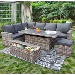Rosen 9 Seater Rattan Garden Dining Set With Storage Bench And Stool, Grey / Without Rain Cover