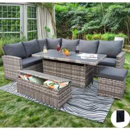 Rosen 9 Seater Rattan Garden Dining Set With Storage Bench And Stool, Grey / Without Rain Cover - thumbnail 2