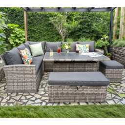 Rosen 9 Seater Rattan Garden Dining Set With Storage Bench And Stool, Grey / Without Rain Cover - thumbnail 4