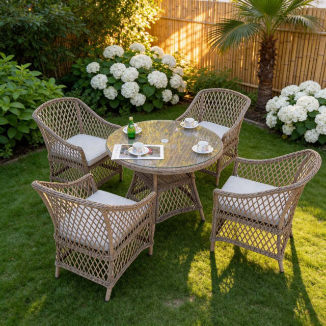 Provence 4‑Seater Rattan Garden Dining Set with Round Table and Furniture Cover - image 1