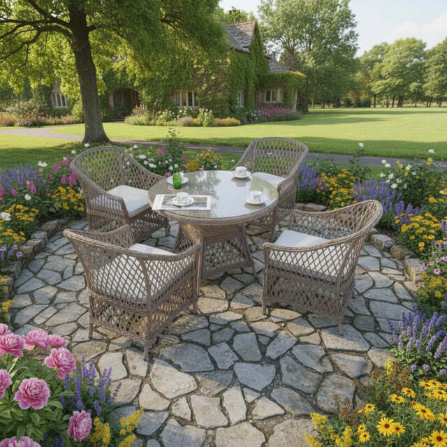 Provence 4‑Seater Rattan Garden Dining Set with Round Table and Furniture Cover - image 1