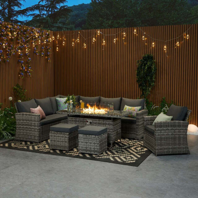 Rosen 9 Seater Rattan Garden Furniture Corner Sofa Fire Pit Set with Armchair and Stools, Without Rain Cover - image 1