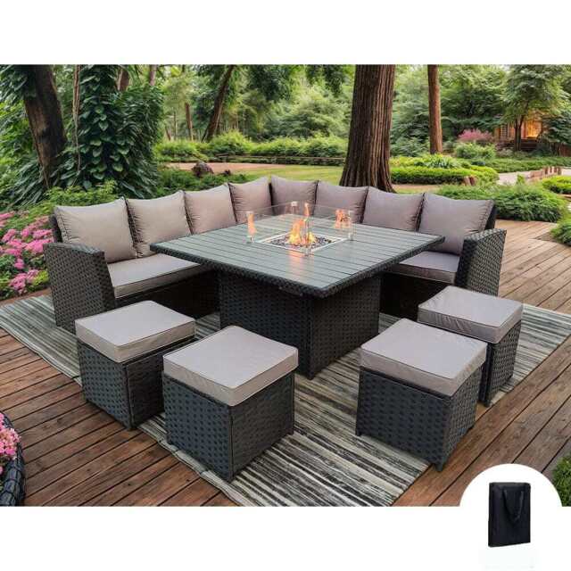 Rosen 11 Seater Rattan Garden Furniture Fire Pit Dining Corner Sofa Cube Set, Black / With Rain Cover - image 1