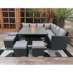 Rosen 11 Seater Rattan Garden Furniture Fire Pit Dining Corner Sofa Cube Set, Black / With Rain Cover - thumbnail 4